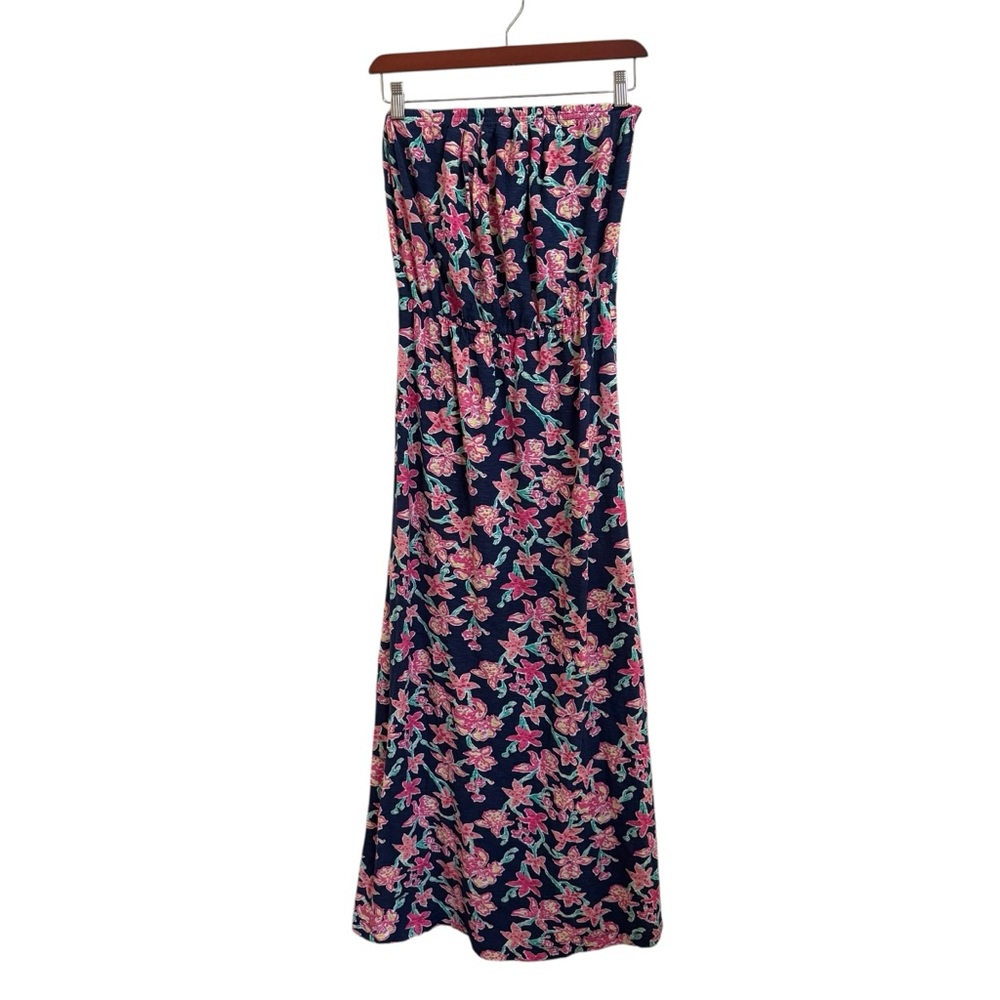 Lilly Pulitzer strapless navy blue & pink floral Marisa Maxi cotton dress small